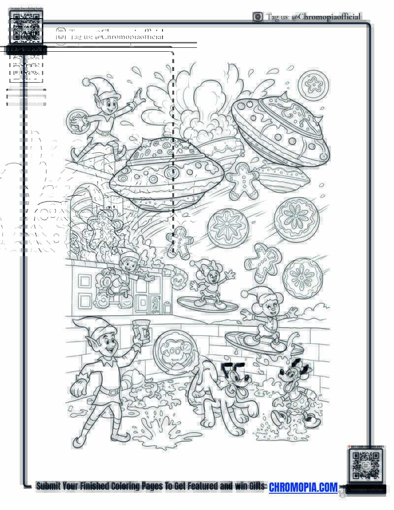 Elf Exploding Gingerbread Factory Coloring Page