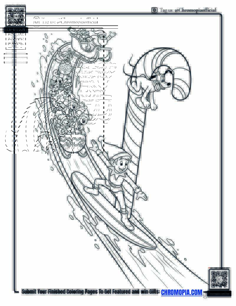 Elf Surfing Giant Candy Cane Coloring Page