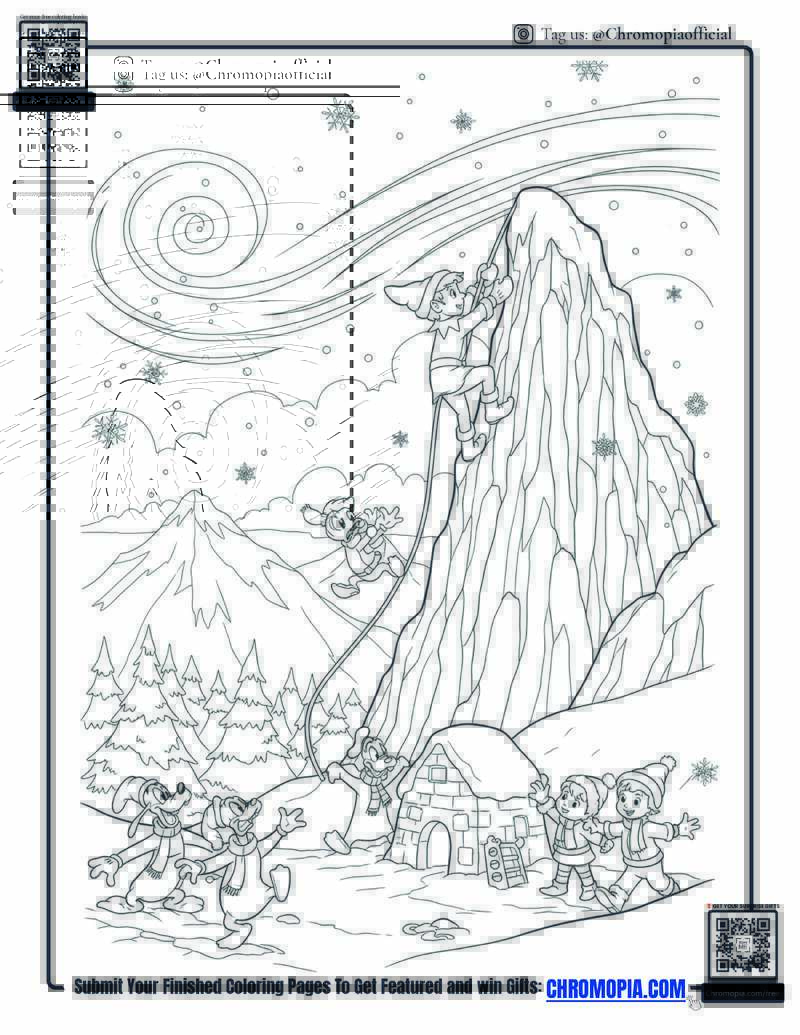 Elf Climbing Snowy Mountain Peak Coloring Sheet
