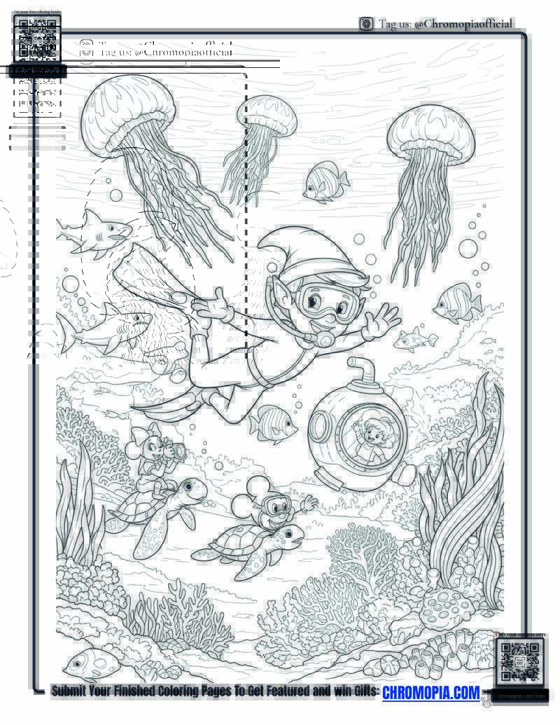 Elf Diving Into Coral Reef Coloring Page
