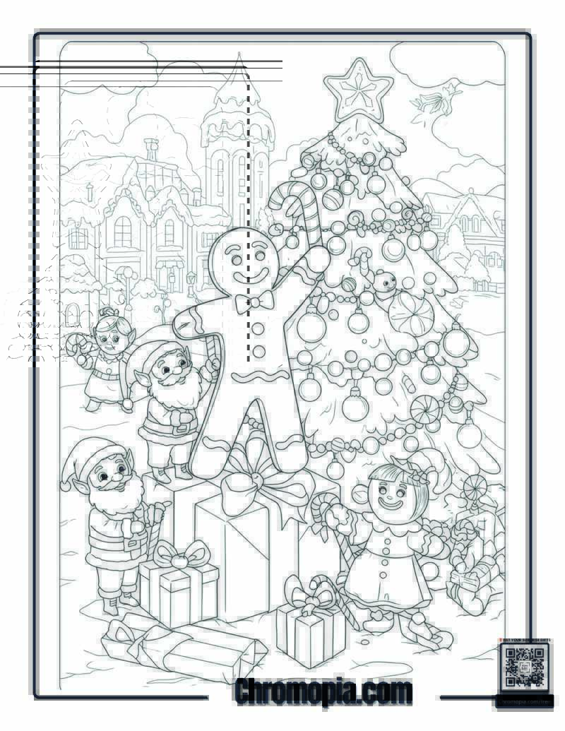 Christmas Gingerbread Man Coloring Page – Gingerbread Man Decorating a Christmas Tree with Santa and Elves