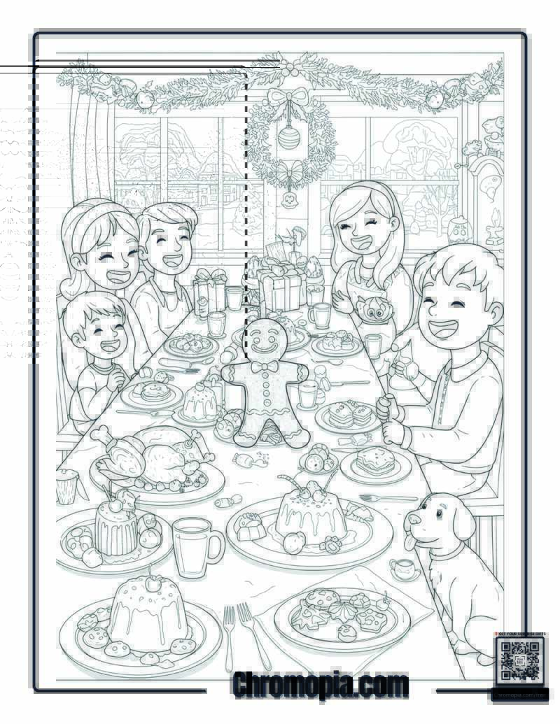 Gingerbread Man Attending a Human Family Christmas Dinner Coloring Page – Gingerbread Man on the Holiday Table