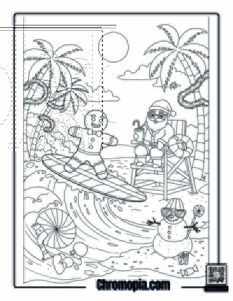 Gingerbread Man Celebrating Christmas in Australia Coloring Page – Surfing Gingerbread Man on a Candy Surfboard