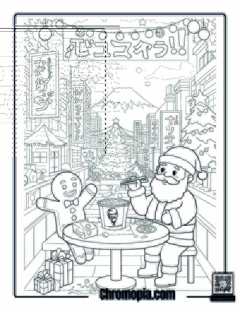 Gingerbread Man Celebrating Christmas in Japan Coloring Page – Gingerbread Man Eating KFC with Santa in Tokyo