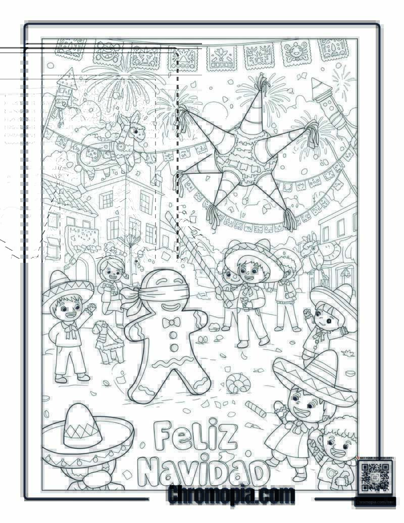 Gingerbread Man Celebrating Christmas in Mexico Coloring Page – Gingerbread Man Hitting a Piñata at a Posada