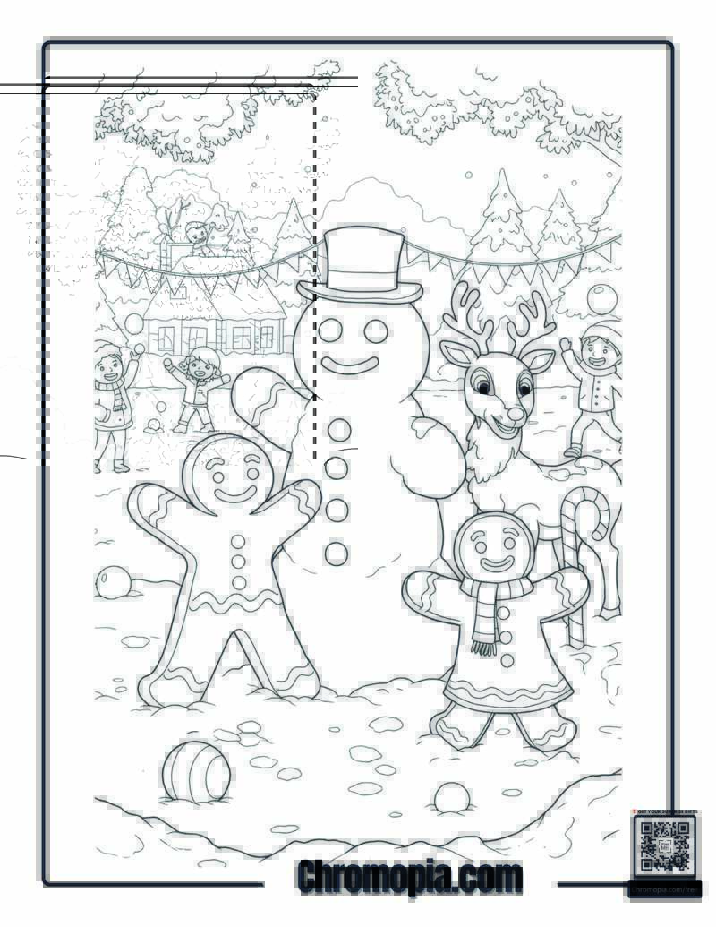 Gingerbread Man Christmas Coloring Page – Gingerbread Man and Rudolph Building a Snow-Gingerbread