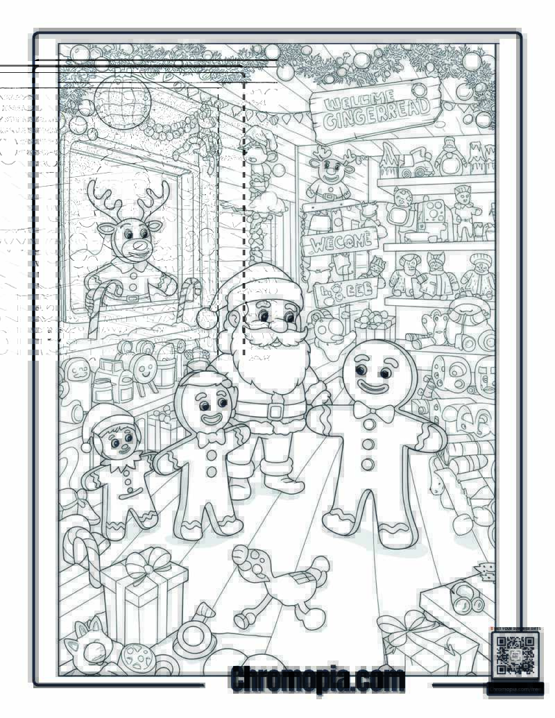 Gingerbread Man Visiting the North Pole Coloring Page – Gingerbread Man Meeting Santa at the Workshop