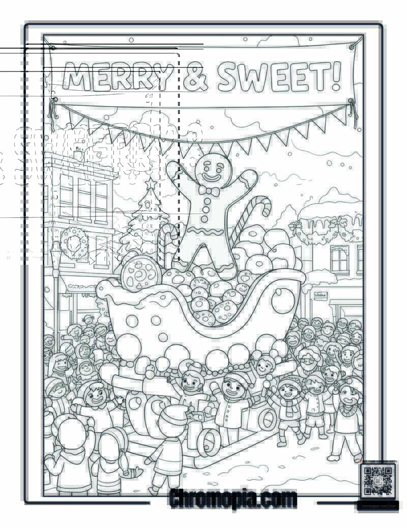 Gingerbread Man in a Christmas Parade Coloring Page – Gingerbread Man Riding a Gingerbread Float with Kids Waving