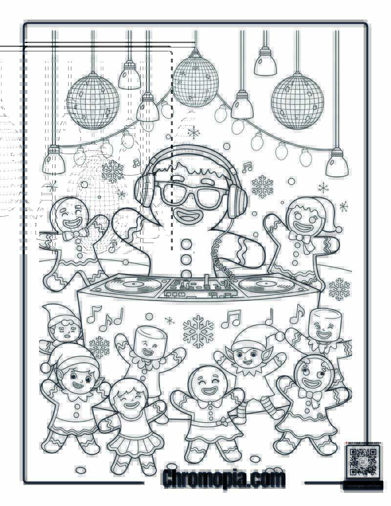 Gingerbread Man in a Christmas Party Coloring Page – Gingerbread Man DJing a Cookie Dance Party with Elves
