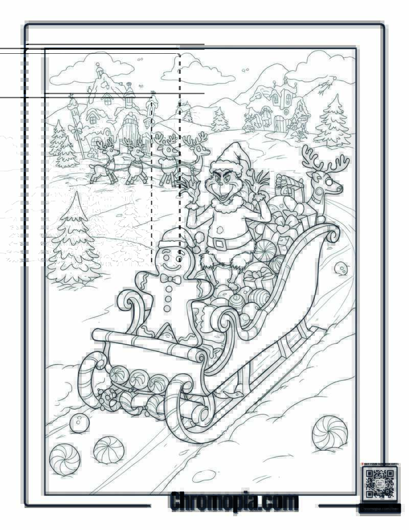 Grinch Gingerbread Man Coloring Page – Gingerbread Man Pulling Grinch’s Sleigh Full of Candy Gifts