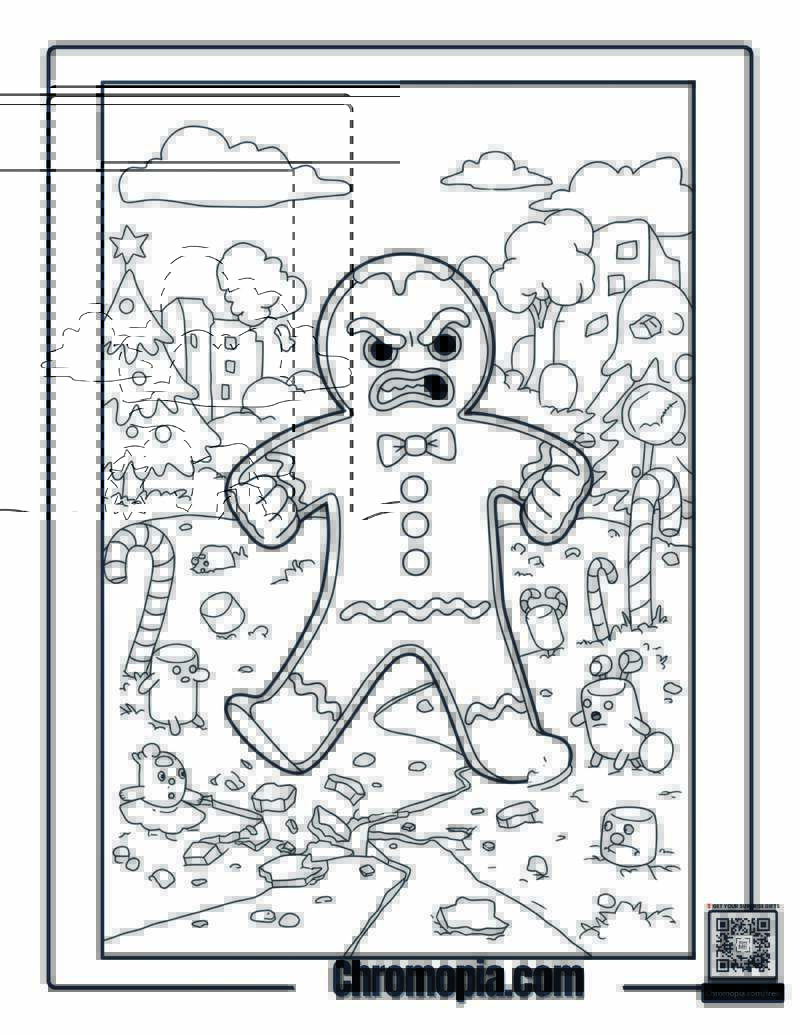Angry Gingerbread Man Coloring Page – Angry Gingerbread Man Stomping on a Cracked Cookie Path