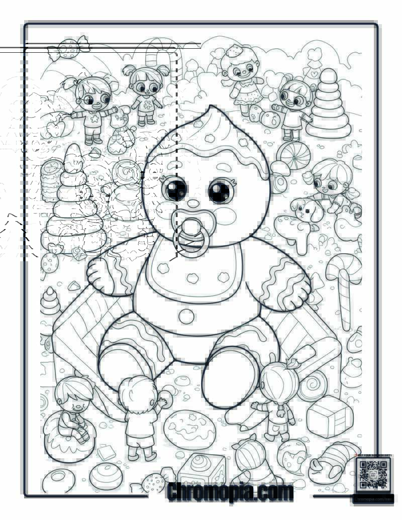 Baby Gingerbread Man Coloring Page – Giant Baby Gingerbread Man Playing with Kids and a Puppy