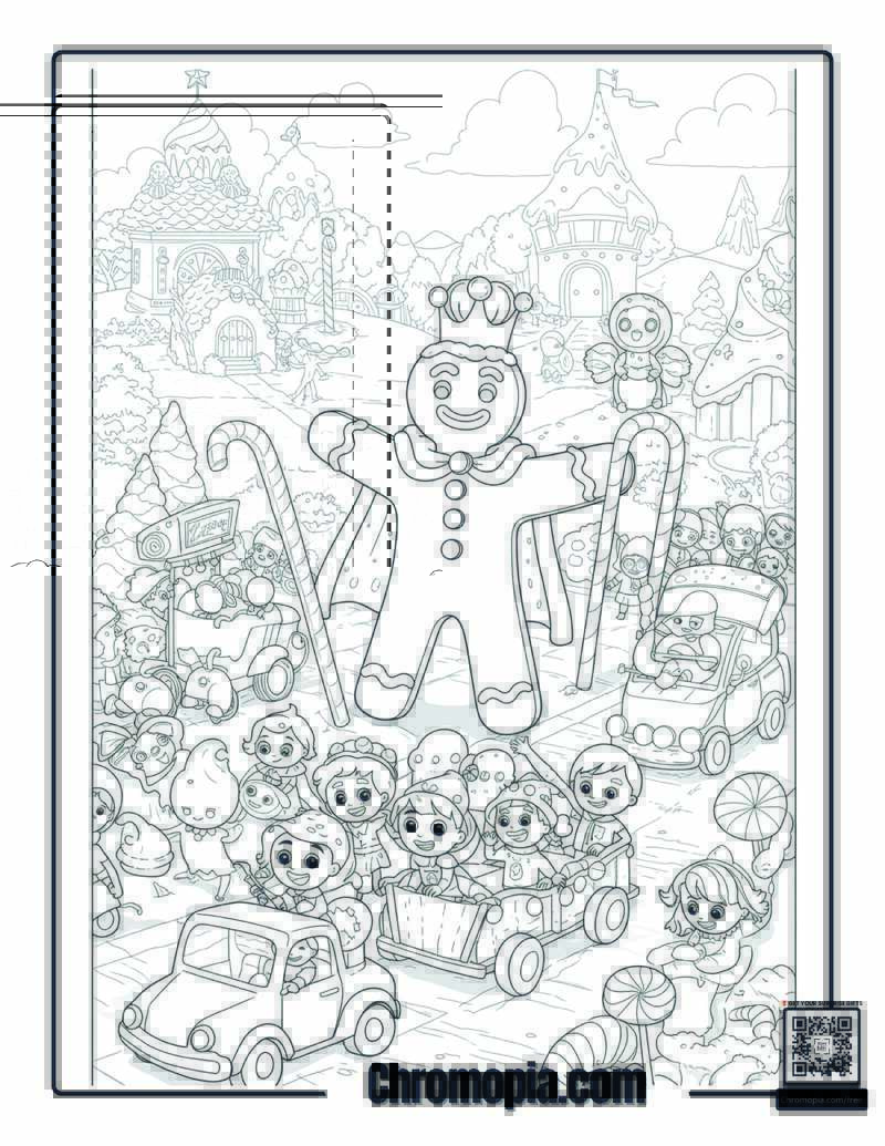 Candyland Gingerbread Man Coloring Page – Giant Gingerbread Man Leading a Candy Parade with Children