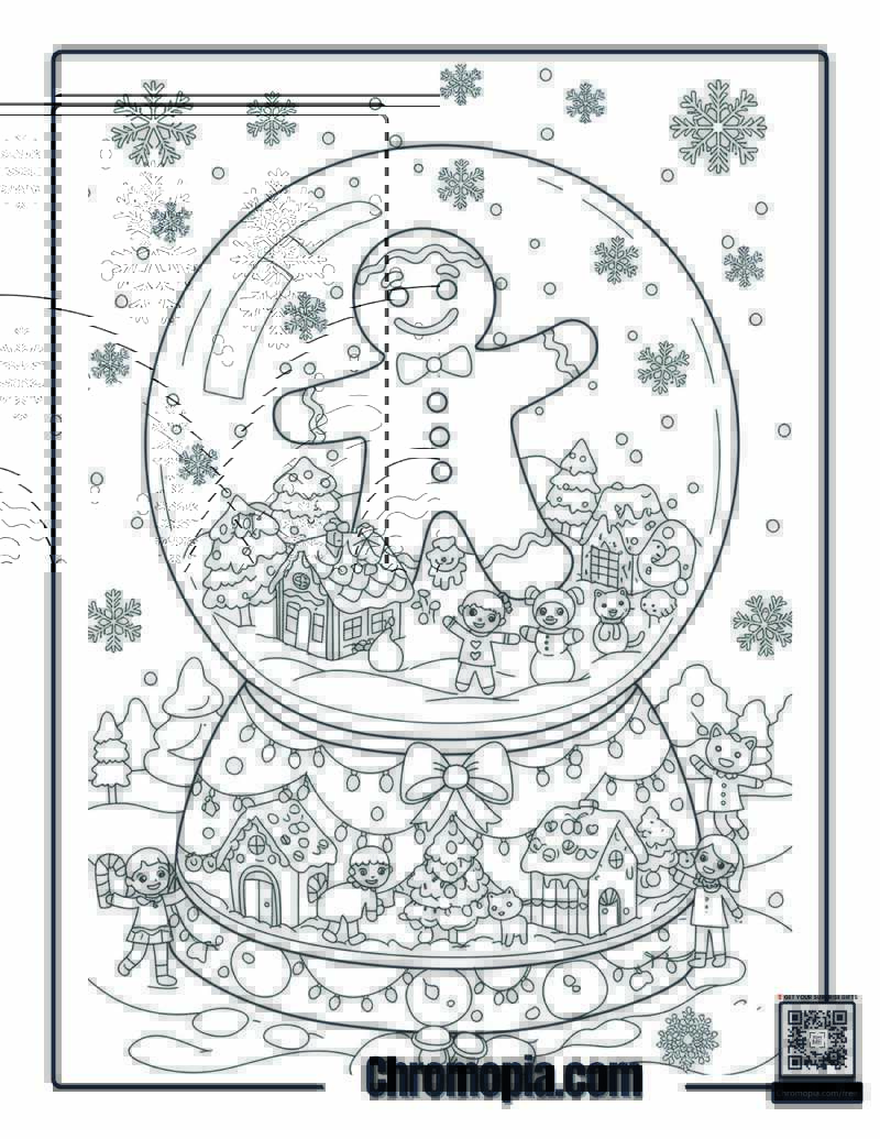 Christmas Coloring Pages with Snow Globe and Gingerbread Man – Giant Gingerbread Man Trapped Inside a Snow Globe Village
