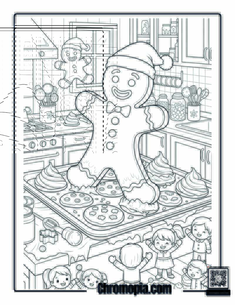 Gingerbread Man Cookie Tray – Huge Gingerbread Man Rising Off a Cookie Tray with Kids Cheering Coloring Page