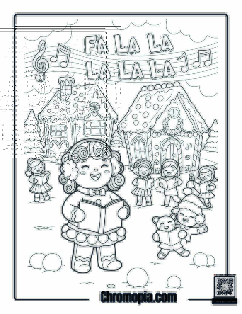 Gingerbread Girl Coloring Page – Gingerbread Girl Singing Carols in a Candy Town