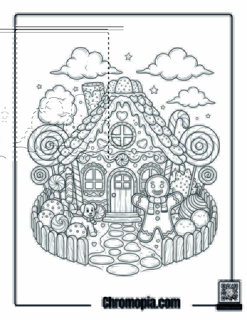 Gingerbread Man House Coloring Page – Gingerbread Man Exploring a Candy House Garden