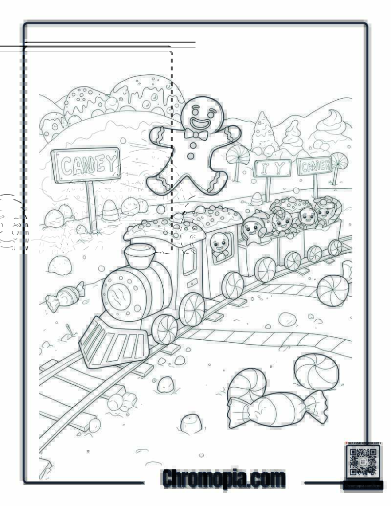 Gingerbread Man Running Coloring Page – Gingerbread Man Racing a Peppermint Train