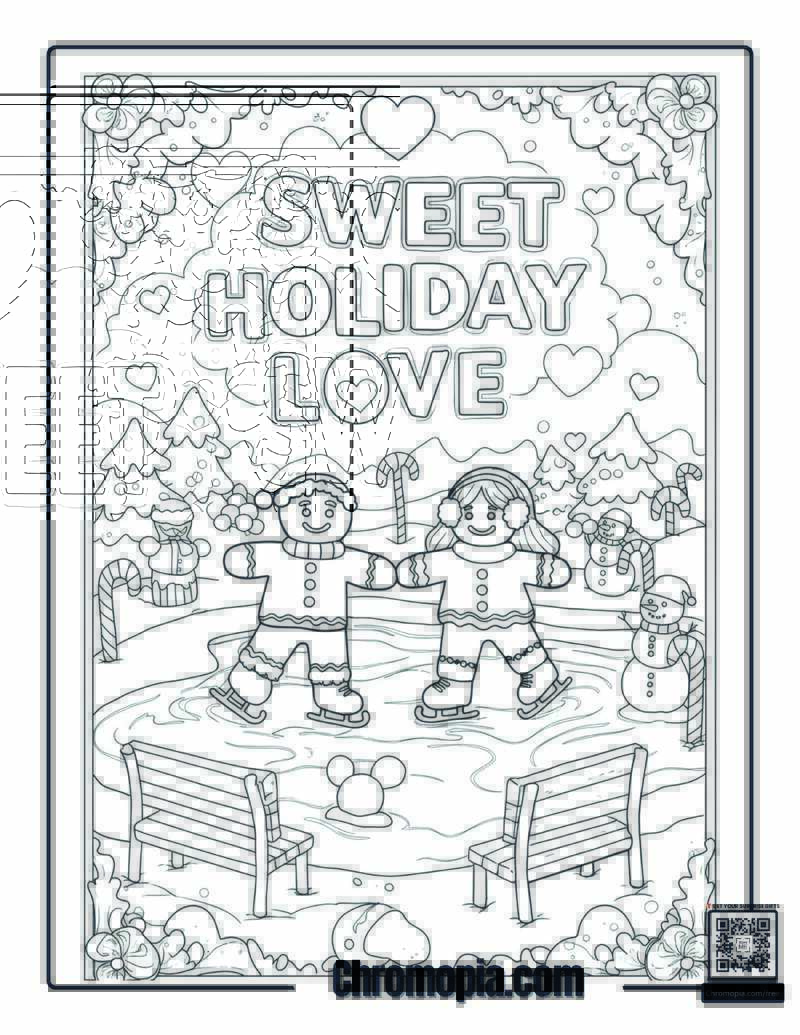 Gingerbread Man and Gingerbread Woman Coloring Page – Holiday Skating Date at the Frosting Pond