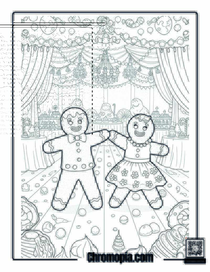 Gingerbread Man and Woman Coloring Page – Gingerbread Couple Dancing at a Candy Ball