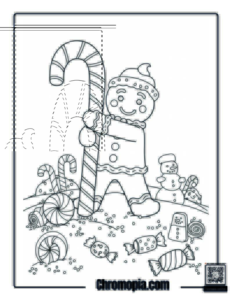 Gingerbread Man with Candy Cane Coloring Page – Gingerbread Boy Holding a Giant Candy Cane