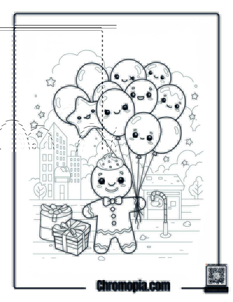 Kawaii Gingerbread Man Coloring Page – Cute Kawaii Gingerbread Man with Star Balloons