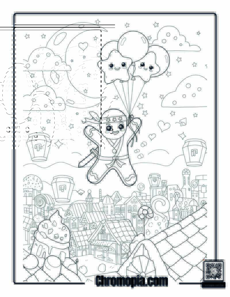 Ninja Gingerbread Man Coloring Page – Gingerbread Ninja Leaping Over a Candy Rooftop