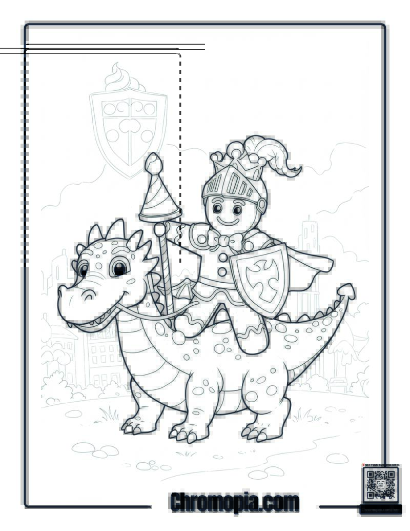 Cute Cartoon Style Gingerbread Man Riding a Frosting Dragon coloring sheet