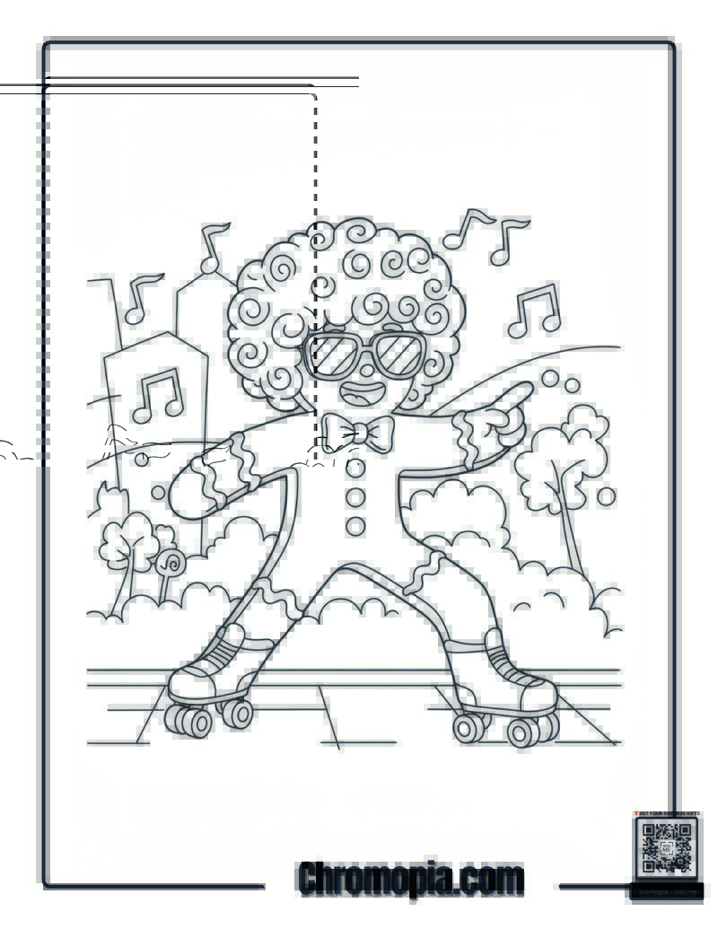 Funky Style Gingerbread Man with Wild Hair and Roller Skates coloring page