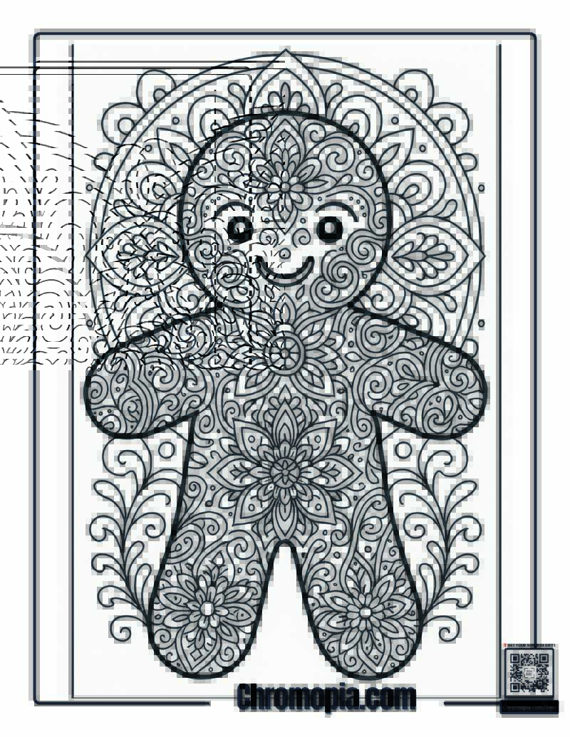 Mandala Style Gingerbread Man Filled with Intricate Frosting Patterns coloring sheet
