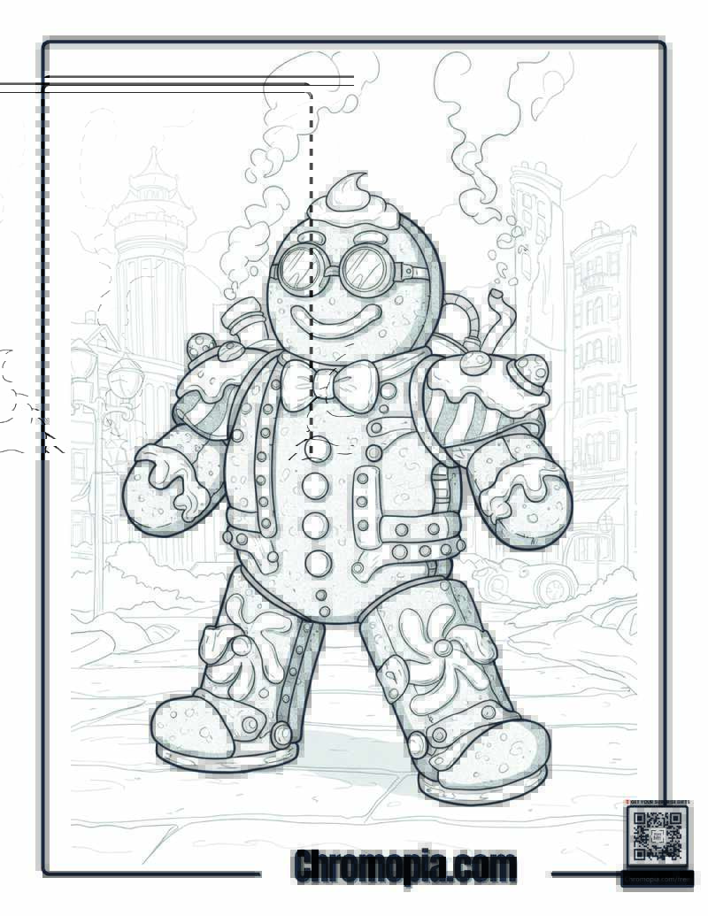 Mechanical Steampunk Gingerbread Man with Gears and Candy Pipes coloring sheet