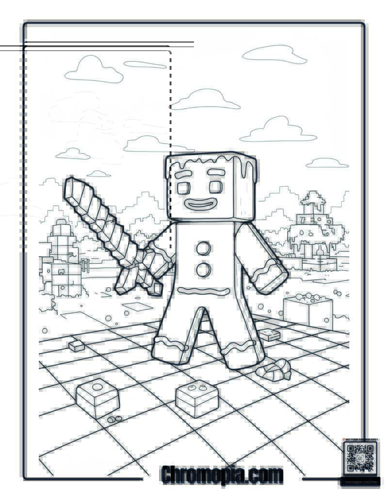 Minecraft Style Gingerbread Man Holding Pixelated Candy Cane coloring page
