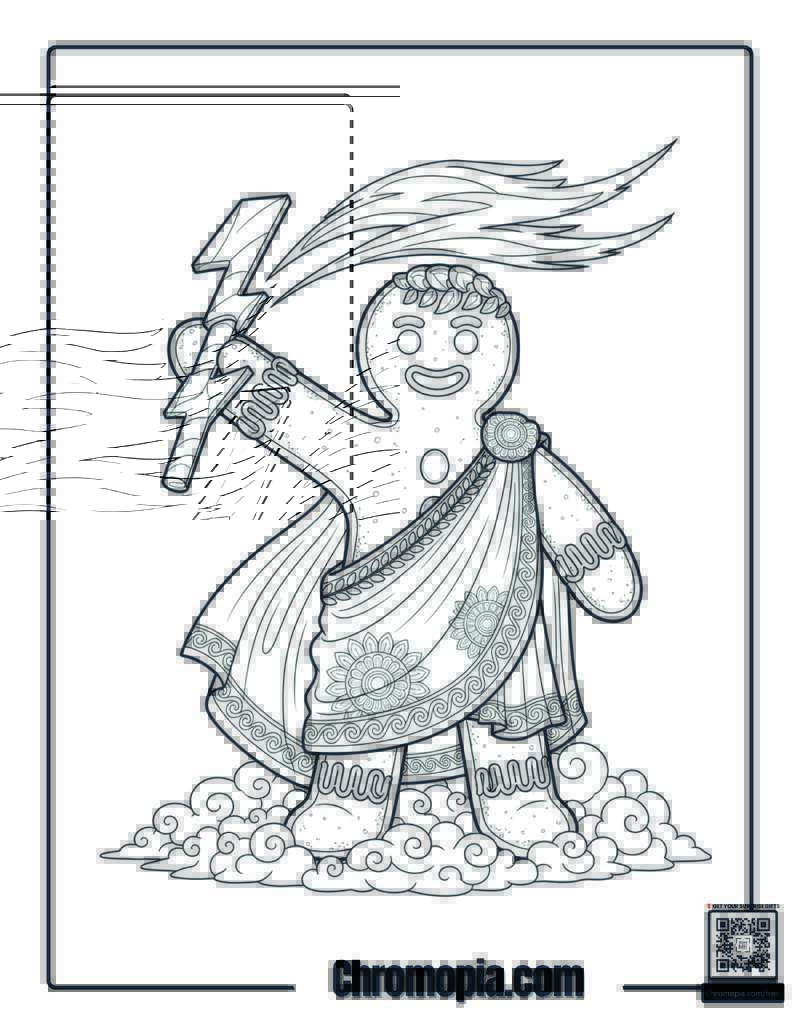Mythical Greek Warrior Gingerbread Man with Icing Toga and Thunderbolt coloring page
