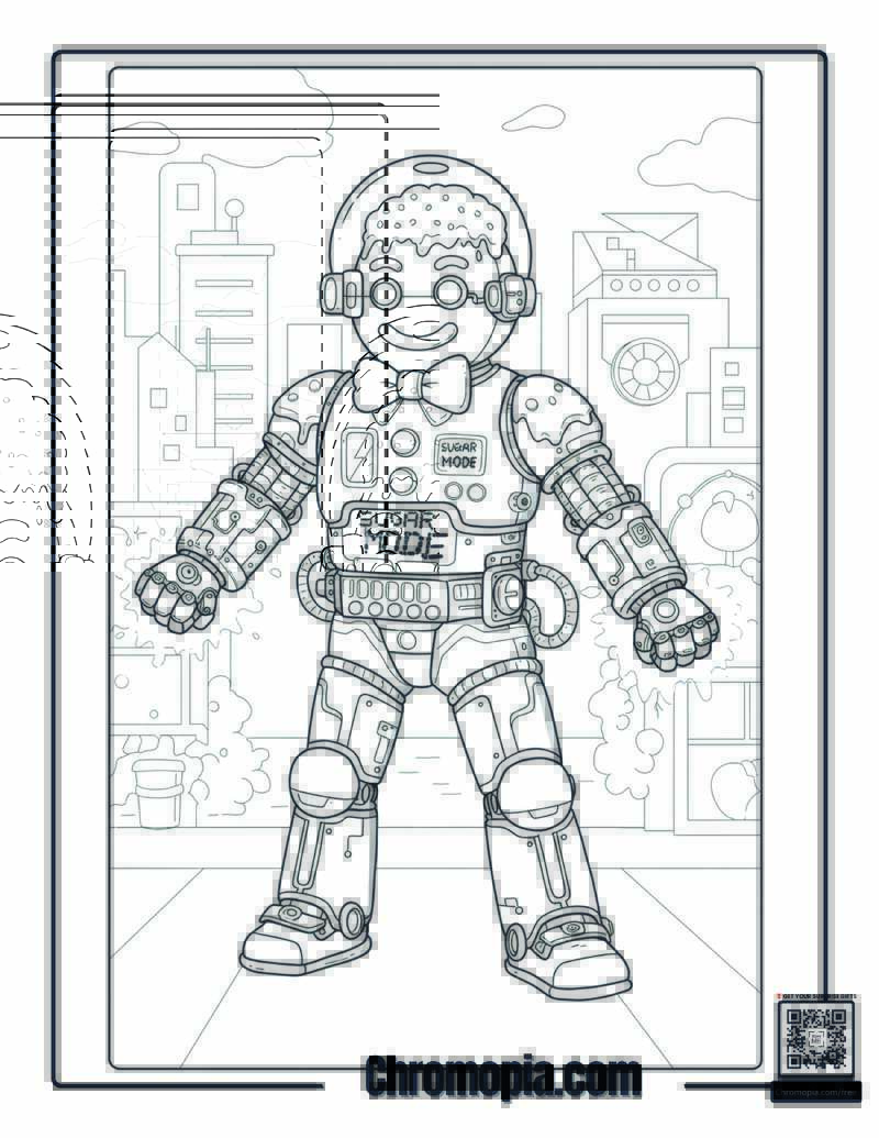 Robot Style Gingerbread Man with Laser Frosting Arms and Circuit Buttons coloring page