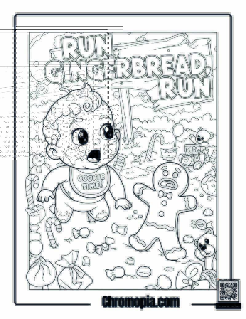 Cartoon Gingerbread Man Coloring Page – Gingerbread Man Running from a Giant Hungry Baby