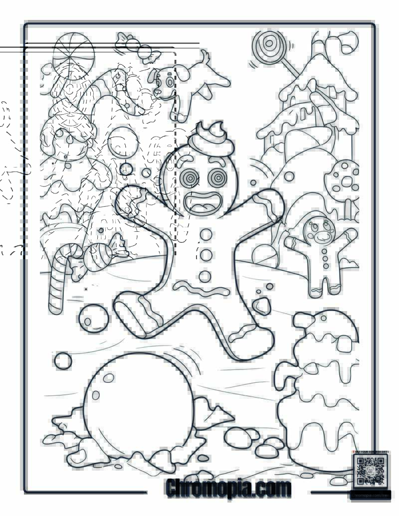 Cute Cartoon Gingerbread Man Coloring Page – Gingerbread Man Tripping Over a Giant Gumdrop