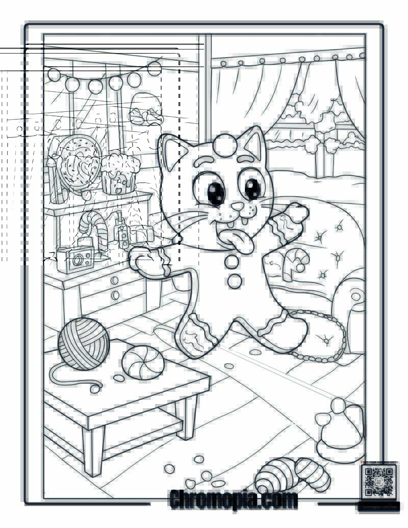 Cute Hybrid Cartoon Coloring Page – Gingerbread Man with a Cat Head Chasing a Laser Pointer