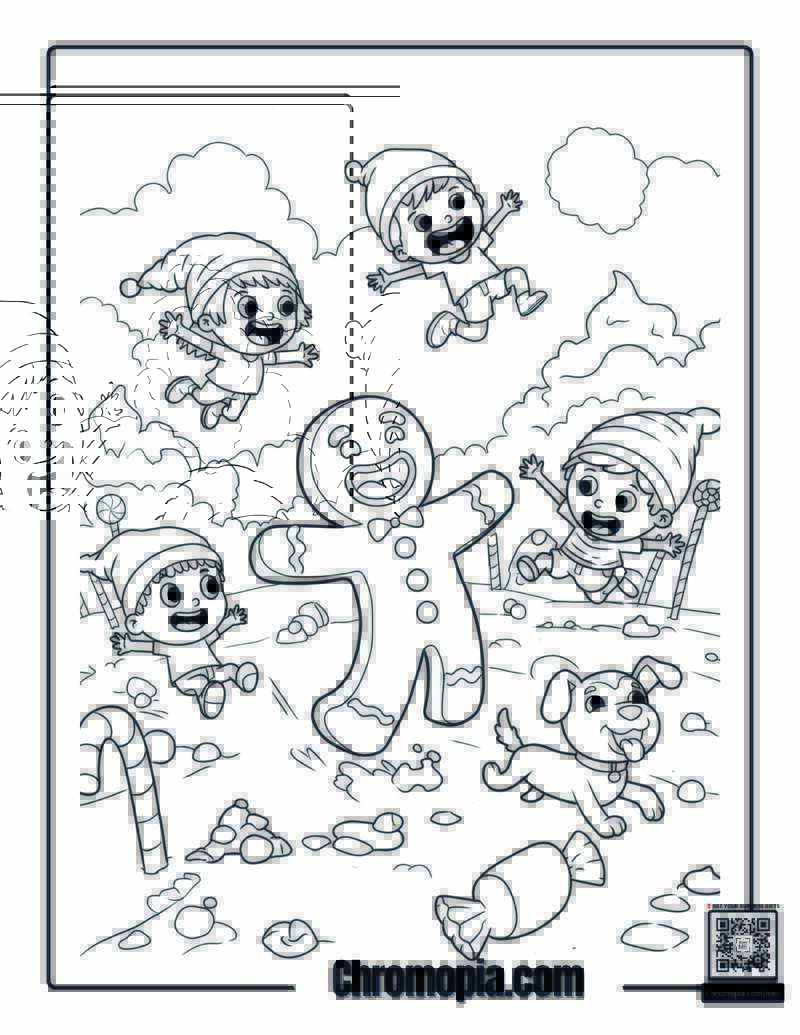 Funny Gingerbread Man Coloring Page – Gingerbread Man Playing Tag with Laughing Kids and a Cookie Dog