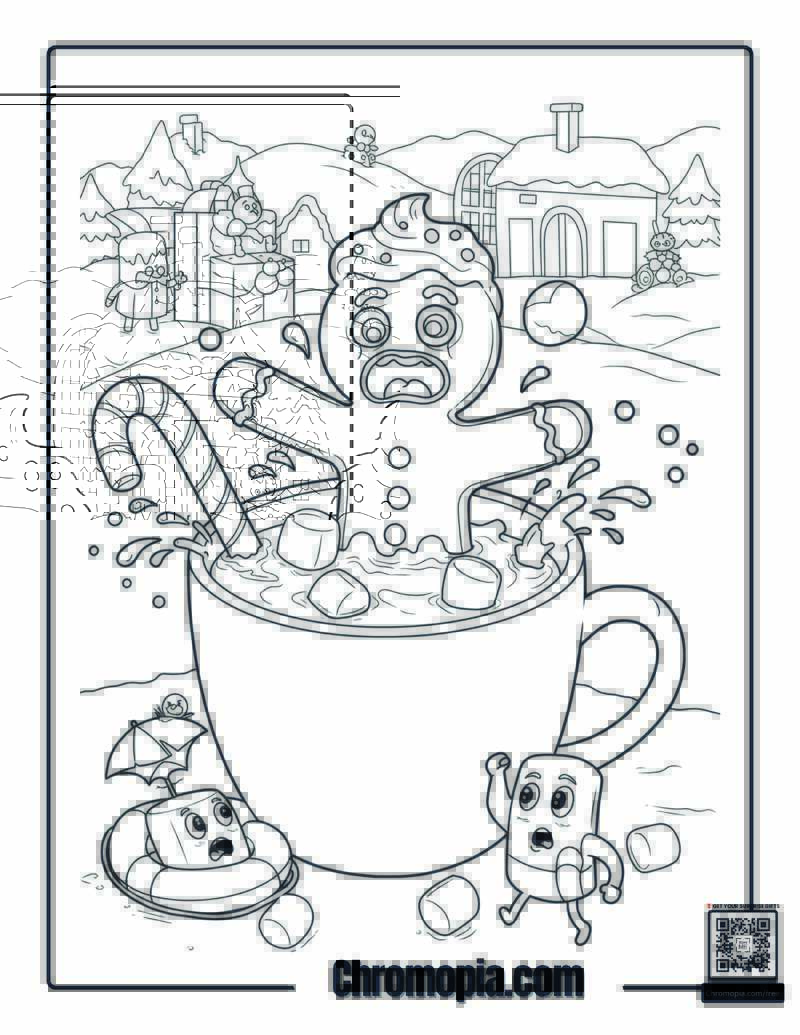 Funny Gingerbread Man Coloring Page – Gingerbread Man Screaming While Melting in Hot Cocoa
