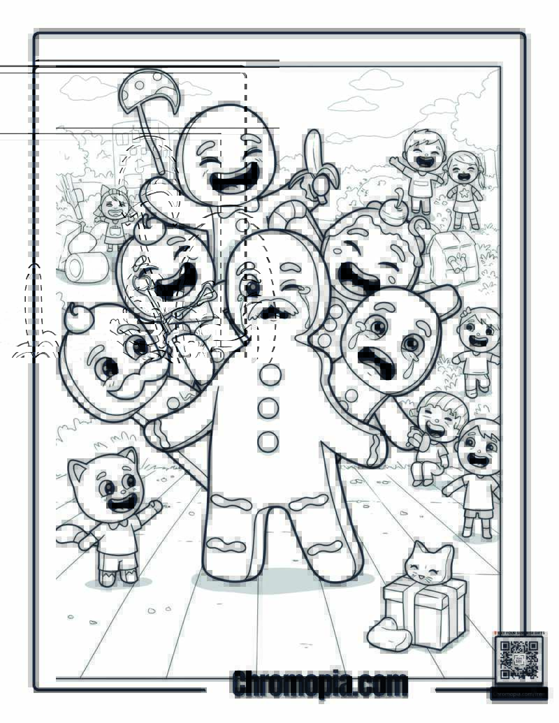 Funny Gingerbread Man Coloring Page – Gingerbread Man with Five Heads Playing Charades