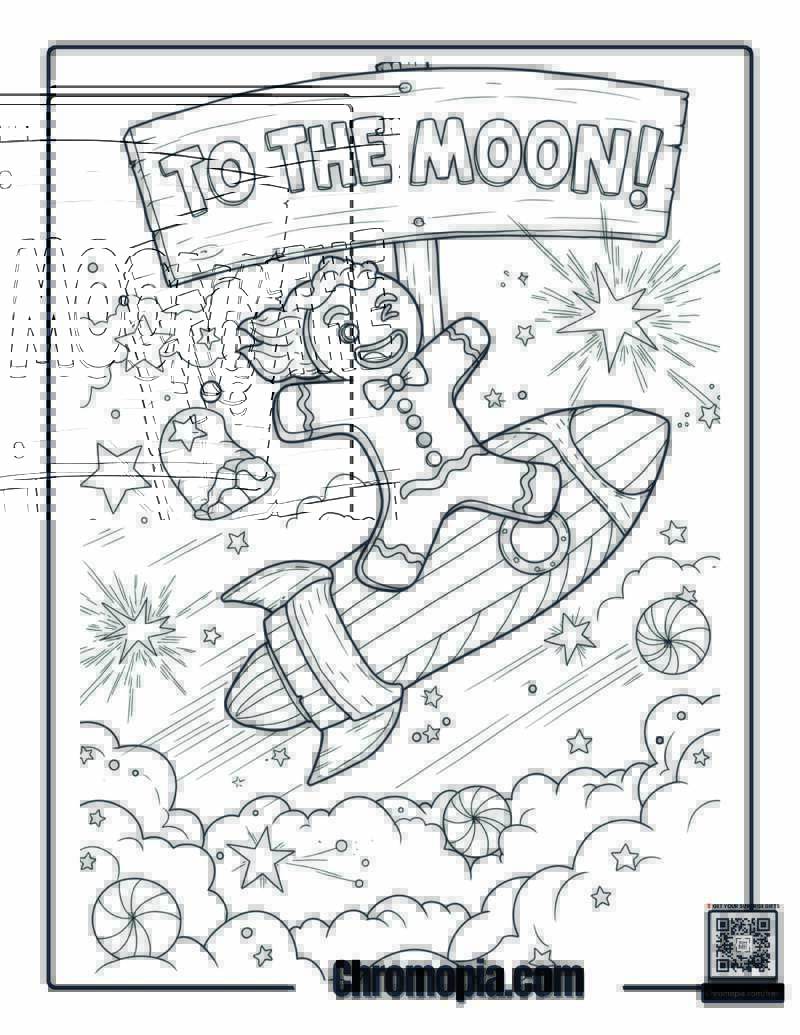 Hilarious Gingerbread Man Coloring Page – Gingerbread Man Riding a Rocket Candy Cane