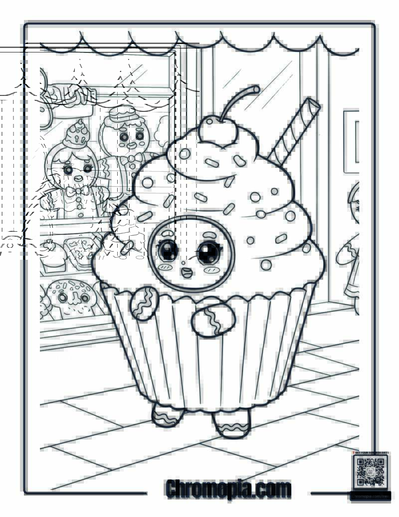 Kawaii Funny Gingerbread Man Coloring Page – Gingerbread Man in a Giant Cupcake Disguise