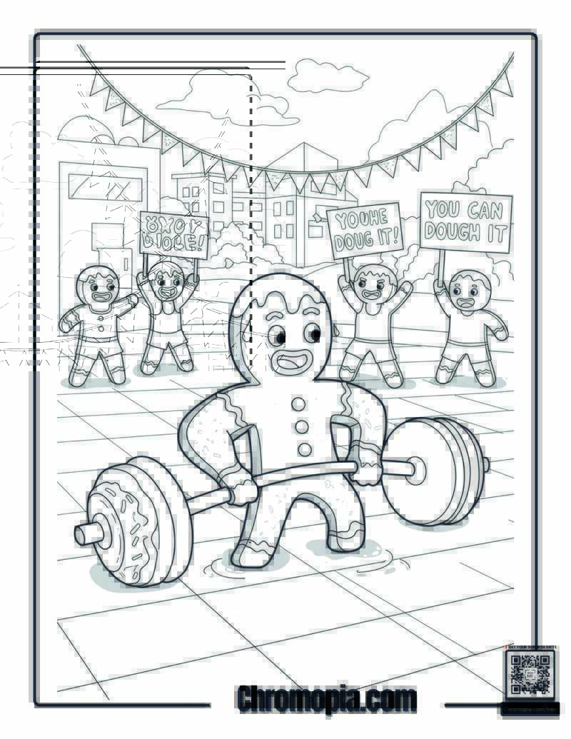 Silly Gingerbread Man Coloring Page – Gingerbread Man Lifting Weights Made of Donuts