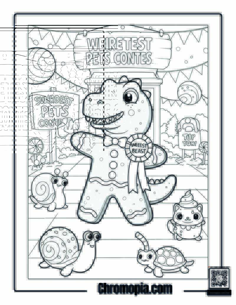 Silly Hybrid Gingerbread Man Coloring Page – Gingerbread Man with a Dinosaur Head at a Pet Show