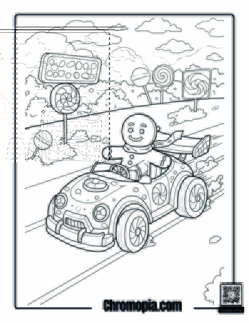 Gingerbread Man Driving a Cookie Car with Candy Wheels coloring page