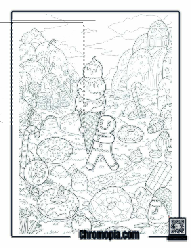 Gingerbread Man Holding a Giant Ice Cream Cone in Dessert World coloring sheet
