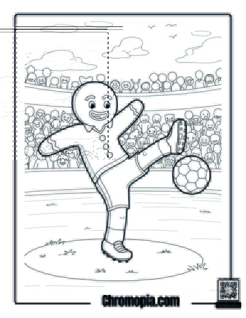 Gingerbread Man Playing Soccer in a Frosted Stadium coloring sheet