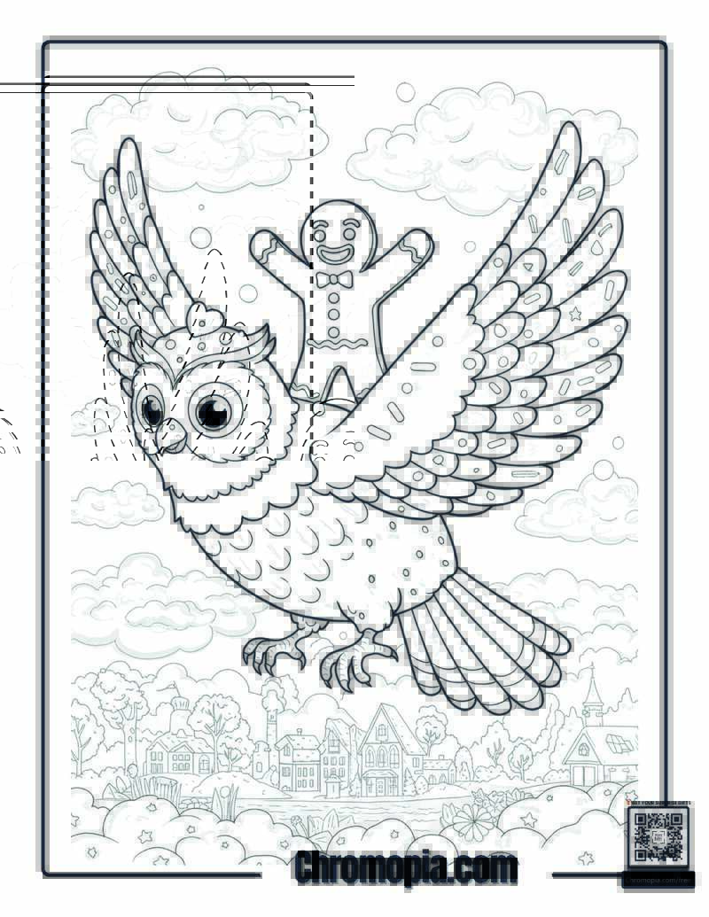 Gingerbread Man Riding a Bird with Frosting Feathers coloring sheet