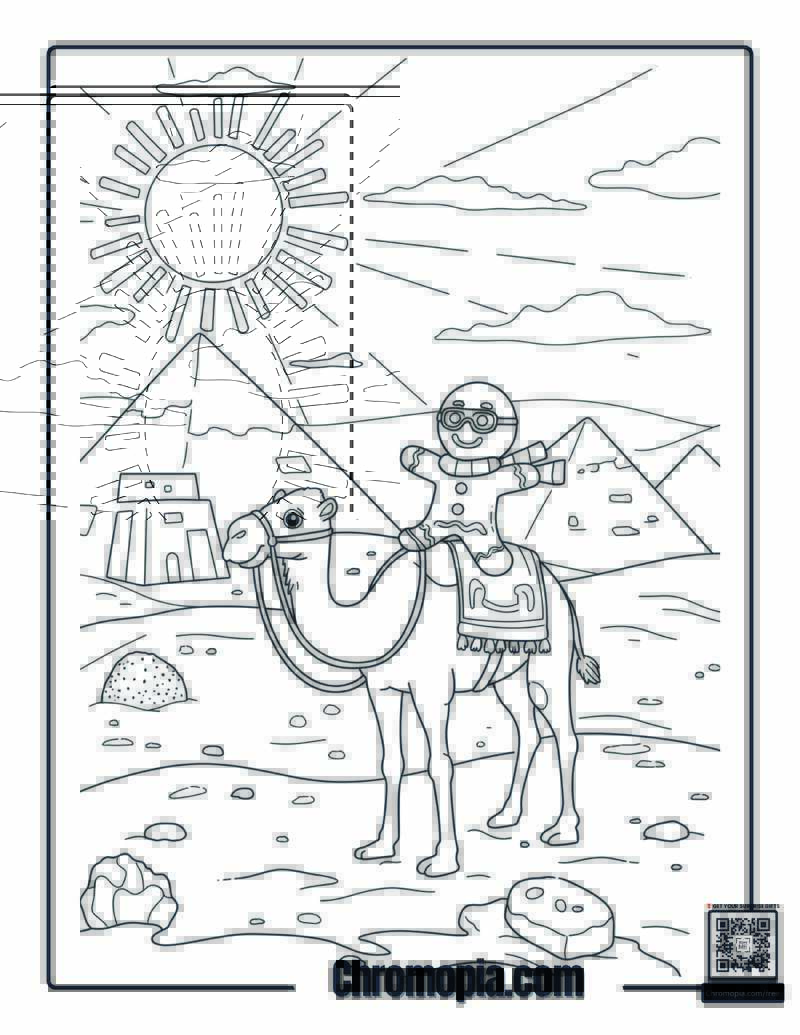 Gingerbread Man Riding a Camel Near Pyramids of Sugar Sand coloring page