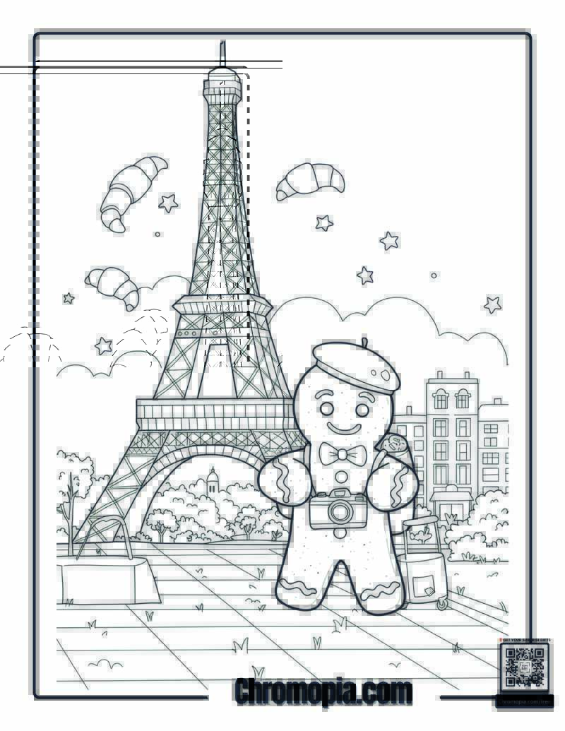 Gingerbread Man Visiting the Eiffel Tower with a Macaron Backpack coloring page